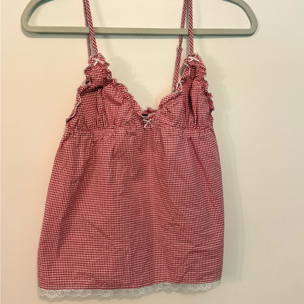 Brandy Melville Red Gingham Ruffle-Trim Spaghetti Strap Top